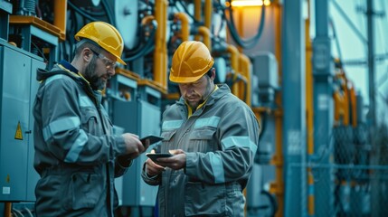 Two engineers discussing over a digital tablet beside a newly installed transformer.