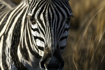 Detailed portrait of a zebra's face with expressive eyes against a golden savanna backdrop