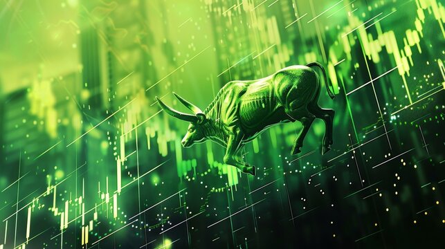 A bull is leaping over a series of green lines. The bull is surrounded by a cityscape, with buildings and lights in the background. Concept of energy and excitement, as the bull is in motion
