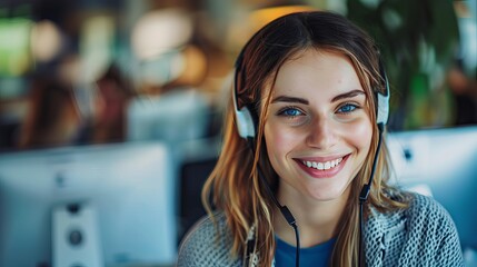 A young and friendly operator woman agent is at work, wearing headsets in a call center.