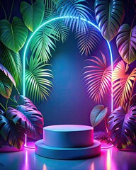 Obraz premium Neon abstract background with palm leaves and round podium.