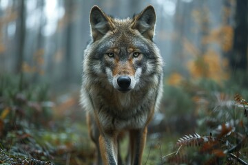 Close-up portrait of a wild wolf in the autumn forest