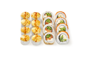 Baked cheese topped rolls and salmon sushi assortment