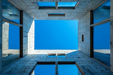 Interior of a modern building with blue sky and clouds in the background