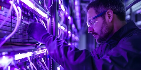 IT technician maintaining computer server in server room. Concept IT technician, Computer server, Server room, Maintenance, Technology