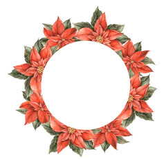 Poinsettia, Christmas red flower with green leaves. Watercolor botanical frame in Christmas style. Floral and plant trend. Drawing for Christmas and New Year holidays, invitations, cards, banners