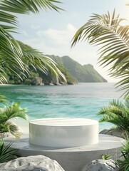 Obraz premium 3d products display podium scene, Tropical beach with palm trees in the background