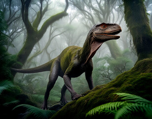 Velociraptor que sale del interior de un bosque del jurásico