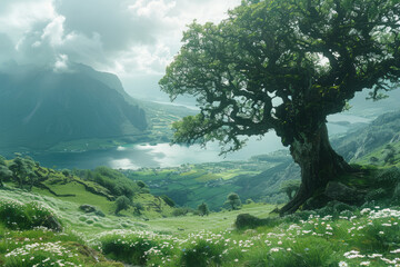 Scene of the Norse goddess Freyr, associated with fertility and prosperity, overseeing a lush and thriving landscape,