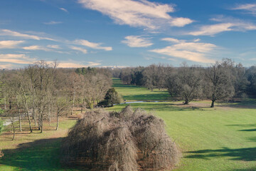 Panorama prospettico con alberi su prato verde e cielo con nuvole sparse parco di monza giardini...