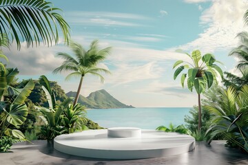 Fototapeta premium 3d products display podium scene, Tropical beach with palm trees in the background