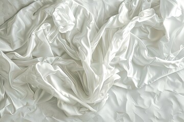 A close up of a monochrome pattern of white sheets on a bed