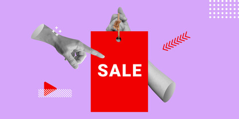 SALE concept. Hand pointing to red advertising banner with the words SALE. Minimalist art collage