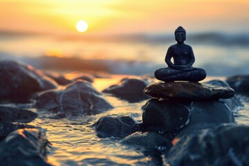 Peaceful scene of a buddha statue on stones against an ocean sunset background - Powered by Adobe