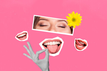 Composite collage picture image of stomatology girl eyes puzzle yummy stick tongue out flower...