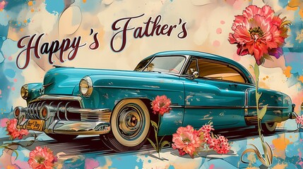 A vintage-style "Happy Father's Day" card with a classic car illustration and a colorful spray of carnations.