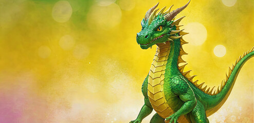 Obraz premium A vibrant green and yellow dragon stands out against a solid yellow background