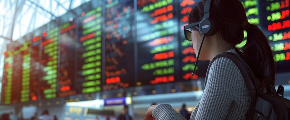 Ai Is Depicted In The Stock Market, With A Woman Engaging In Stock Trading While Waiting At An Airport,High Resolution