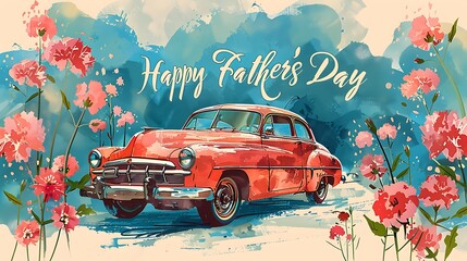 A vintage-style "Happy Father's Day" card with a classic car illustration and a colorful spray of carnations.