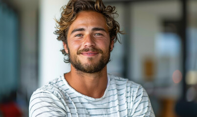 Obraz premium Smiling Young Bearded Man in Striped T-shirt With Crossed Arms Over White Background, Exuding Confidence and Happiness
