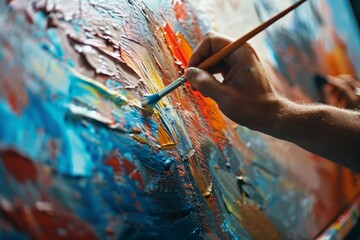 Close-up shot of artists hands painting on a canvas, showcasing brushstrokes and vibrant colors