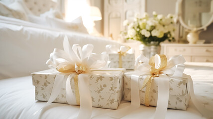Wedding gifts and flowers in an elegant white bedroom, post-processed, generative ai