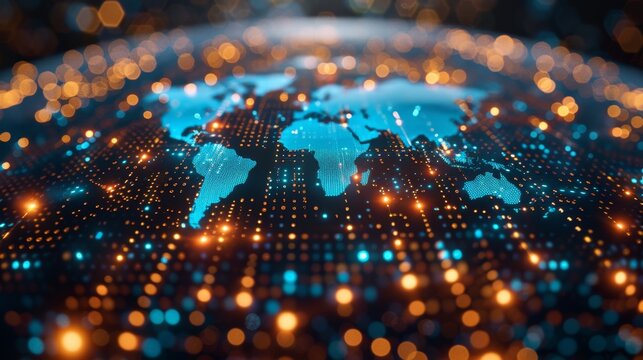Detailed close-up view of a world map showing continents, countries, oceans, and major cities.