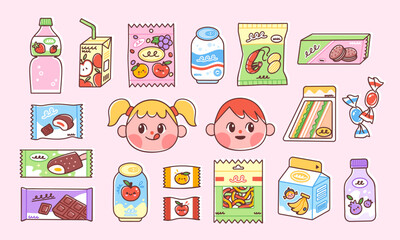 Set of snacks that children like. Vector illustration of cute kids and quick lunch options including chips, juice, banana milk, candy, soda, yogurt, chocolate and sandwiches. Trendy flat style.