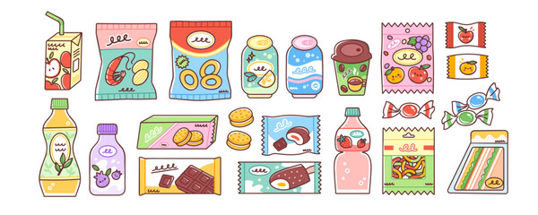 Snacks and junk food set. Vector illustration of chips, candy, sweet drinks, chocolate in cute packaging. Merchandise one can buy from a vending machine. Isolated elements on white background.