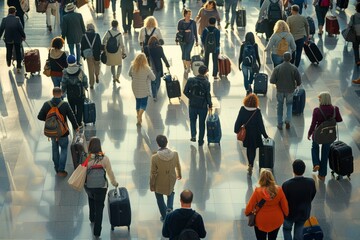 Passengers with luggage walking through a busy airport terminal