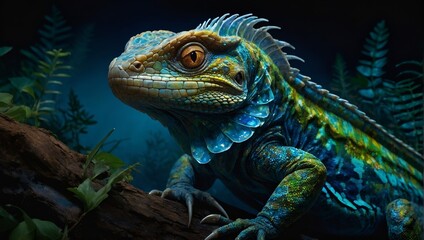 Obraz premium A mesmerizing bioluminescent basilisk slithers through an acrylic painting,