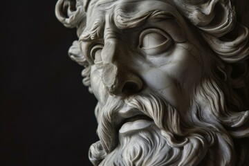 Close-up of a classic marble sculpture depicting an ancient philosopher with intricate details