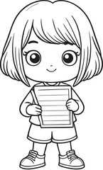 School children writing books, kawaii cartoon characters, cute lines and colors, coloring pages