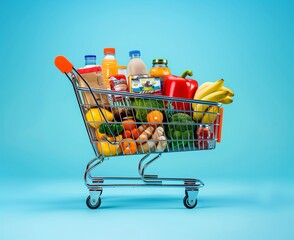 Trolley shopping Loaded with groceries fruits Grocery cart filled with fruits isolated on blue background online shopping concept shopping concept