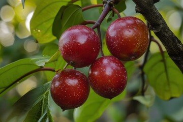 Close-up of dewy red plums hanging from a tree, ripe and ready for harvest