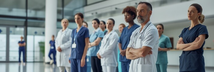 A diverse group of healthcare professionals stands with confidence in a hospital hallway, symbolizing teamwork