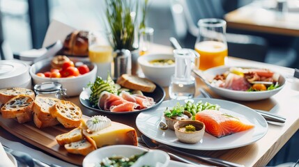 Table full of various fresh food in luxury modern restaurant. Delicious breakfast. generative ai