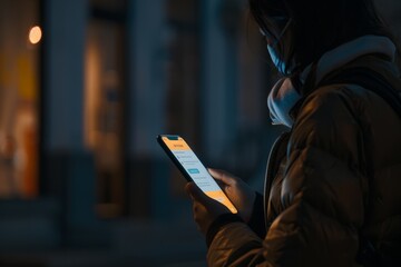 A woman is visible as a silhouette using a smartphone with a chat window open, illuminated by the soft glow of the screen at night