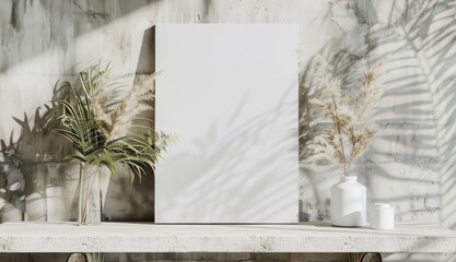 Mock up for Blank white Poster Frame in the interior with tropical flowers