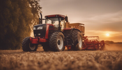 Agricultural machinery tractor on the field harvesting sowing, sunset view
