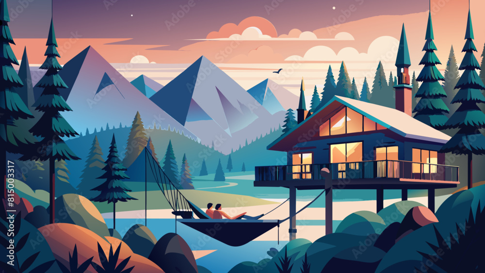 Wall mural Serene Lakeside Cabin Retreat at Sunset with Relaxing Hammock - Wall murals