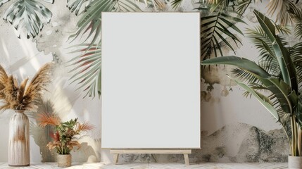 Mock up for Blank white Poster Frame in the interior with tropical flowers