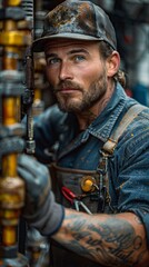 Obraz premium American plumber repairing a broken pipe in an industrial warehouse