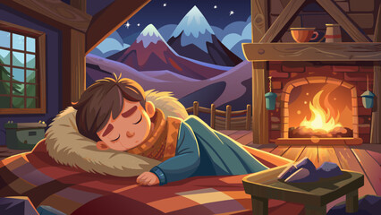 Cozy Cabin Slumber: Young Boy Asleep by Warm Fireplace with Snowy Mountain View