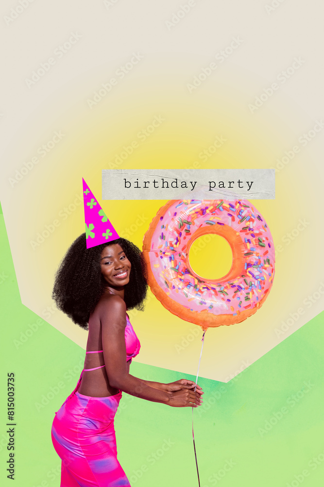 Canvas Prints Vertical photo collage of happy american girl hold donut air balloon birthday party weekend occasion relax isolated on painted background