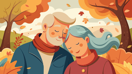 Elderly Couple Embracing in Autumn Park Illustration
