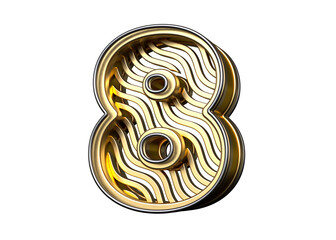 Golden font number 8 3d designed with wave pattern. High quality 3D rendering.