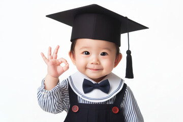 A baby wear Graduation cap with OK sign or showing okay gesture Isolated on white background