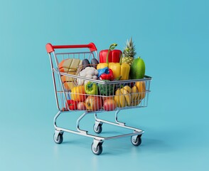 Trolley shopping Loaded with groceries fruits Grocery cart filled with fruits isolated on blue background online shopping concept shopping concept