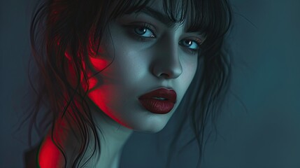 Portrait of a young woman in red light reflected on her